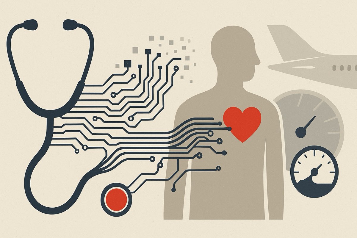 Editorial illustration: a stethoscope resolving into circuitry over a patient