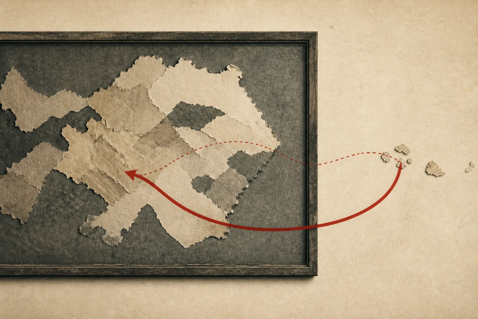 Editorial illustration: a framed map excludes an island chain as a dotted red route travels out and a heavier red route returns across the frame