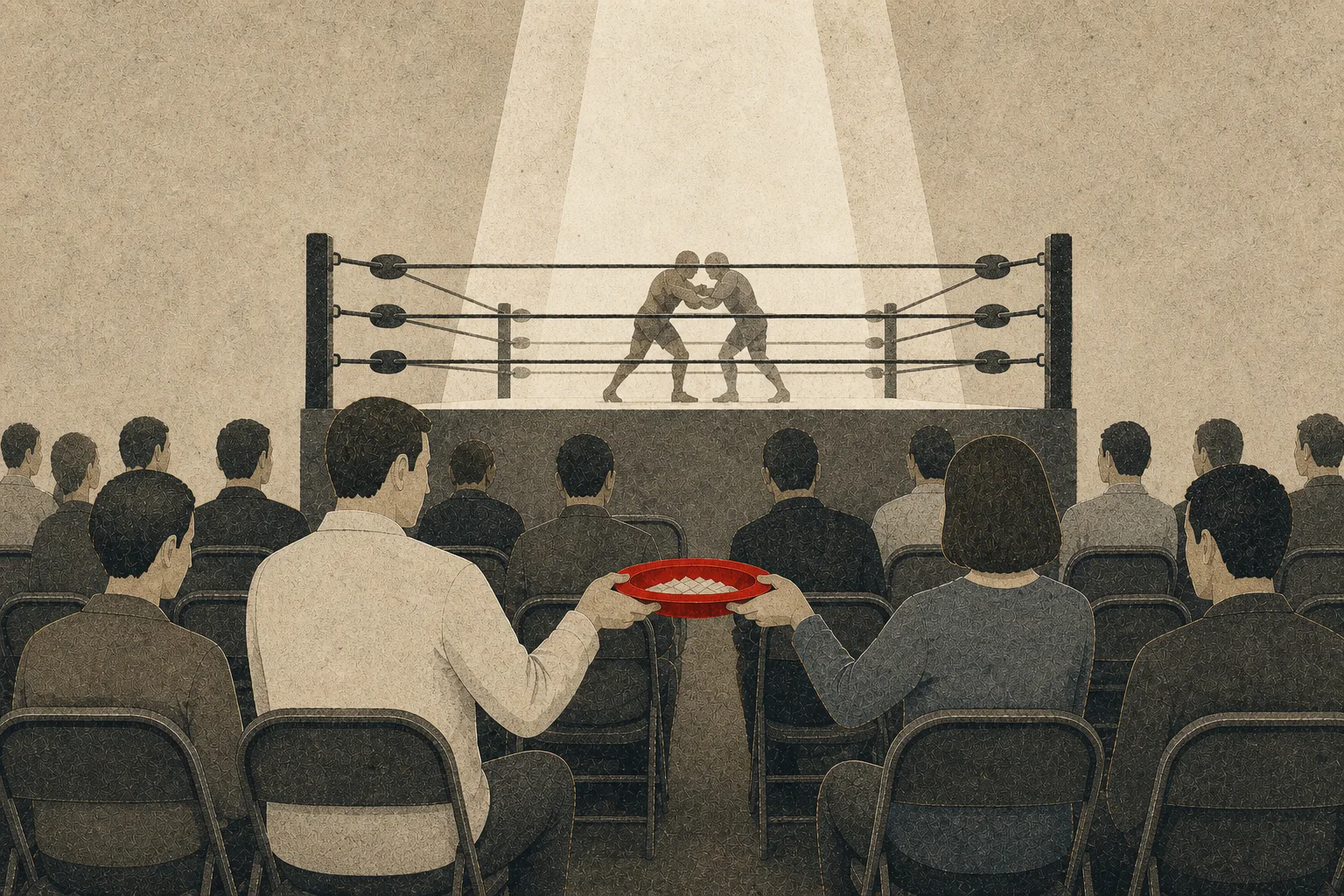 Editorial illustration: a dim hall arranged like a church, with a spotlit wrestling ring in place of the altar and rows of folding chairs as pews; a congregation passes a small red collection plate along the front row