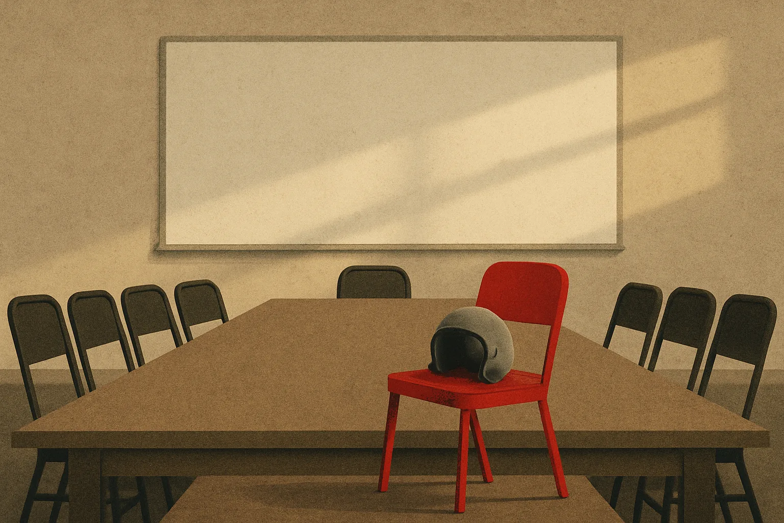 Editorial illustration: an empty squadron debrief room at dusk, with one red chair pulled out beneath a blank whiteboard and an unmarked flight helmet resting on it