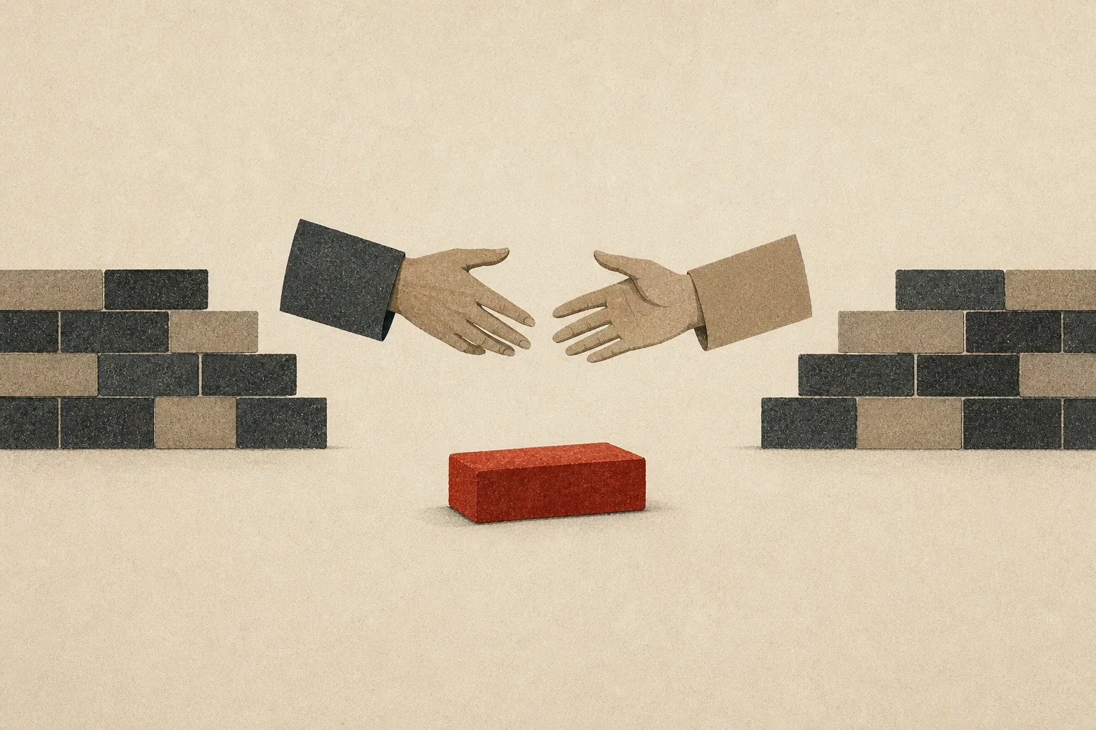 Editorial illustration: two anonymous hands reach towards one another through an opening in a low paper-brick wall; one red brick has been set aside below the gap