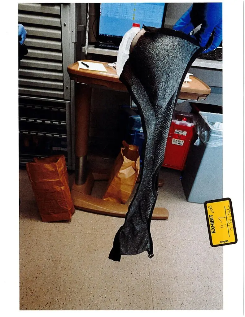 Exhibit 117, an uncropped photograph of a cut grey and black lace bra with uneven dark and pale areas across the textured fabric