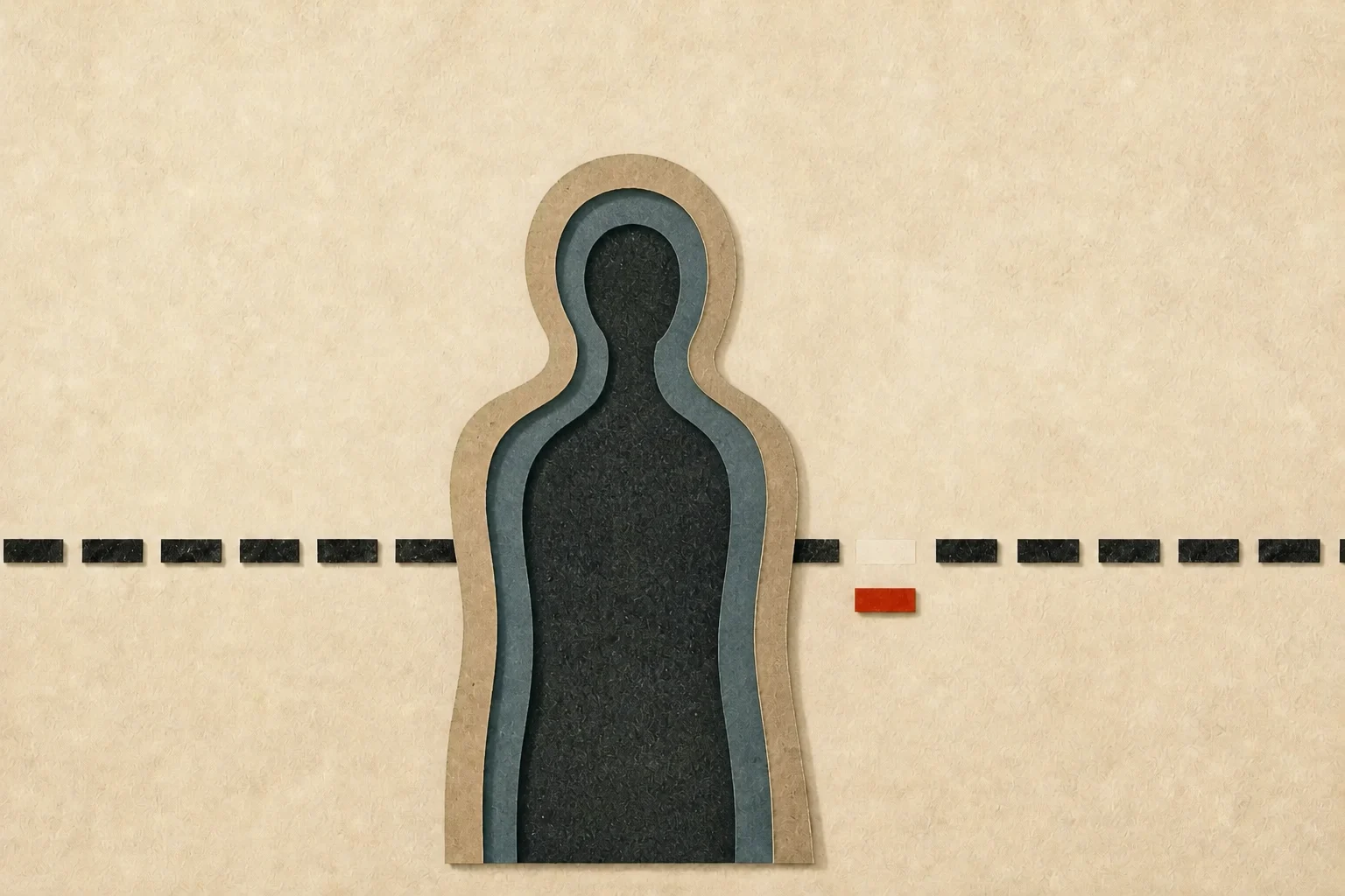 Editorial illustration: an anonymous cut-paper body diagram built from nested core and shell layers beside an interrupted sequence of paper time segments; one red segment has been set below the gap